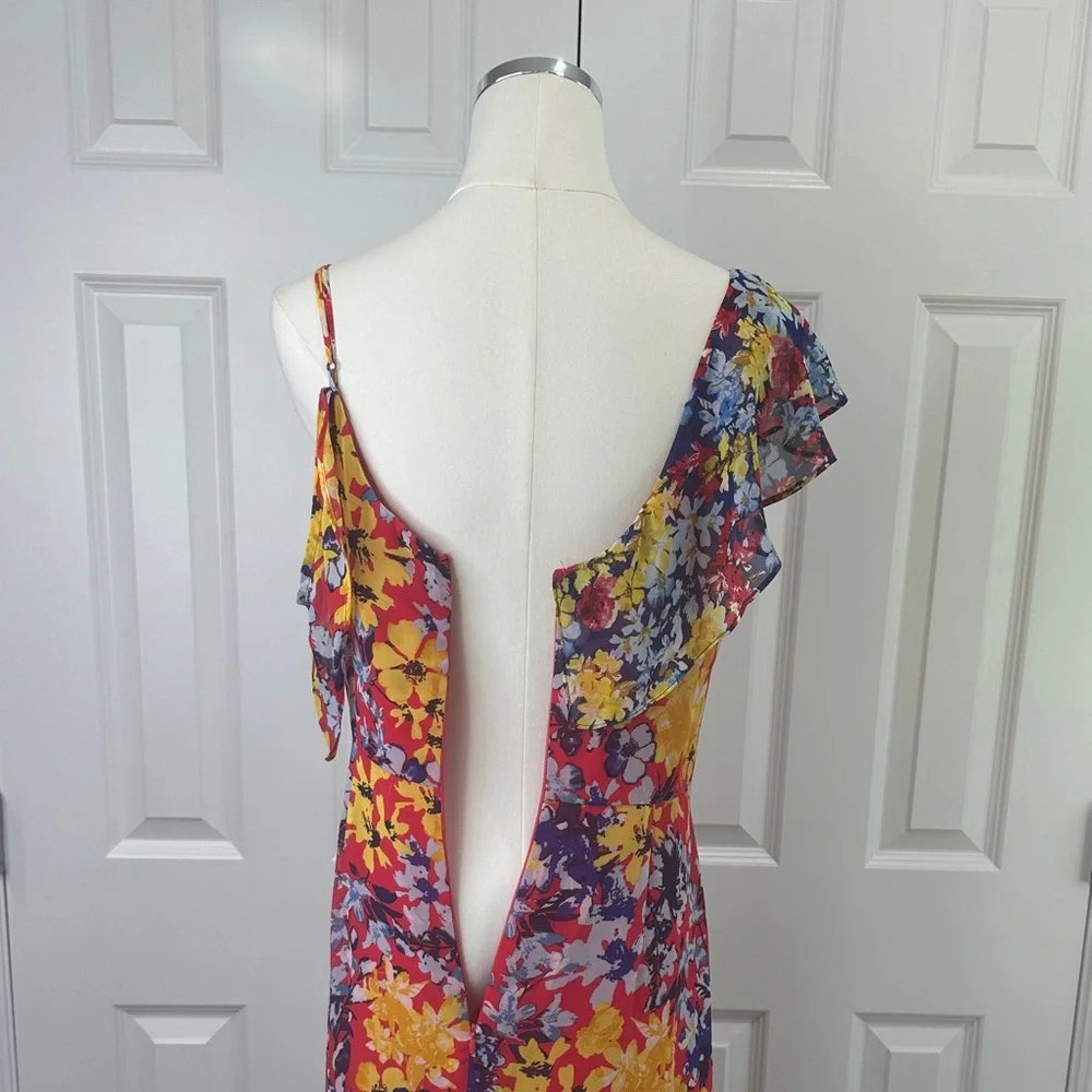 Lulus Ruby Red One Shoulder Boho Wedding Guest Floral Vacation Maxi Dress Size M - Picture 11 of 17